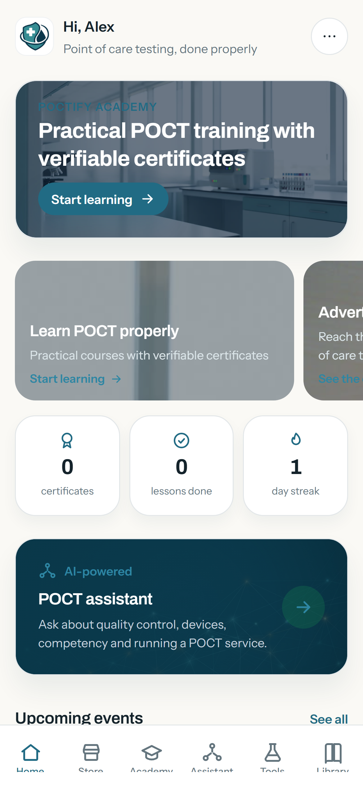 The POCTIFY app on a phone, showing free point of care testing courses, quality control tools and the device directory
