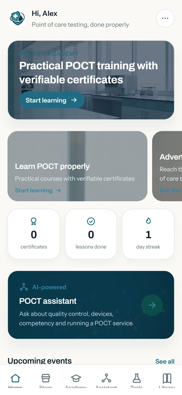 The POCTIFY app home screen on a phone