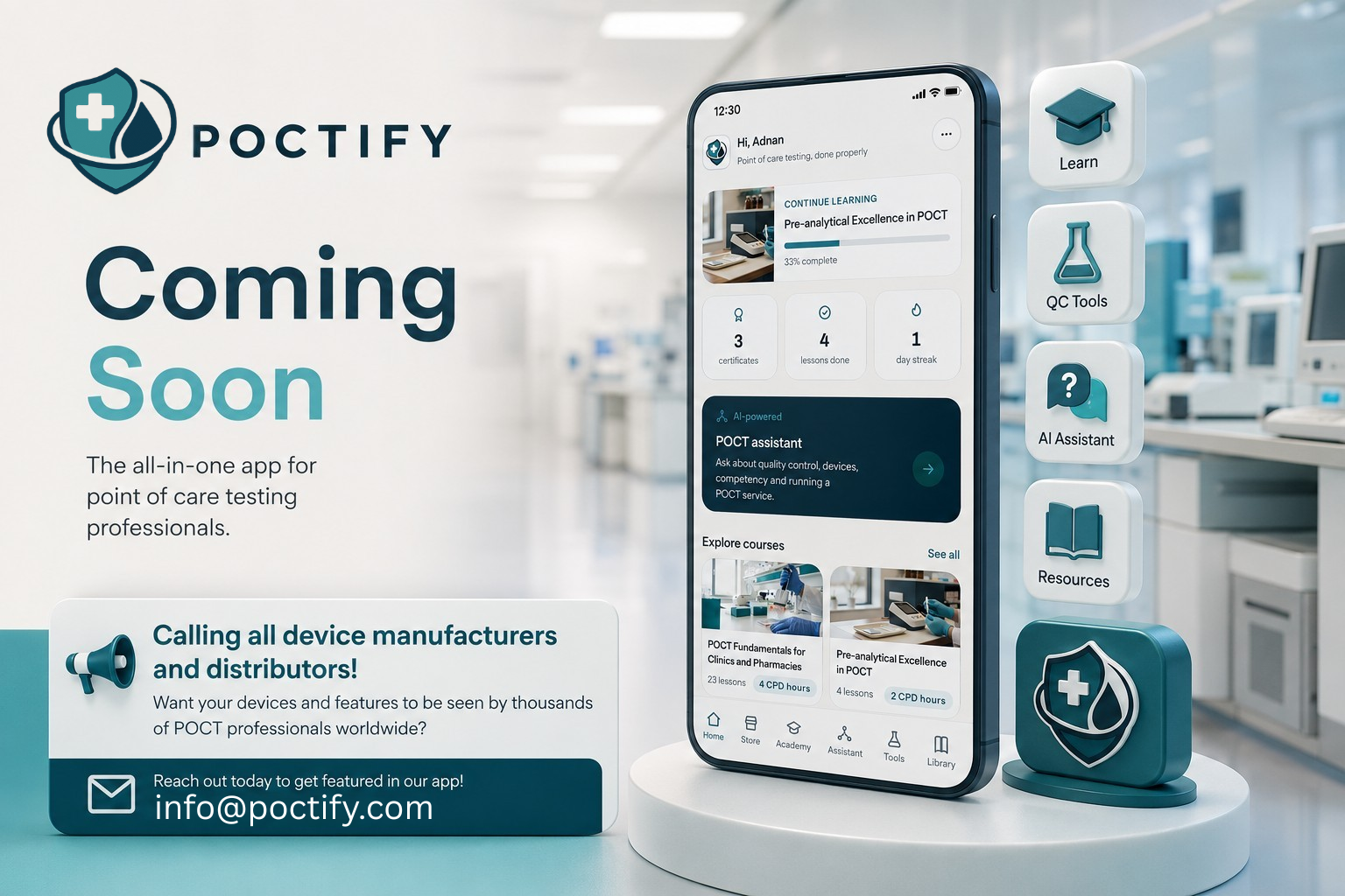 POCTIFY app coming soon, the all in one point of care testing app for professionals, inviting device manufacturers and distributors to feature their devices